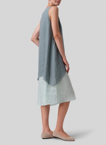 Green Gray Linen Double Layer Sleeveless Tunic Dress