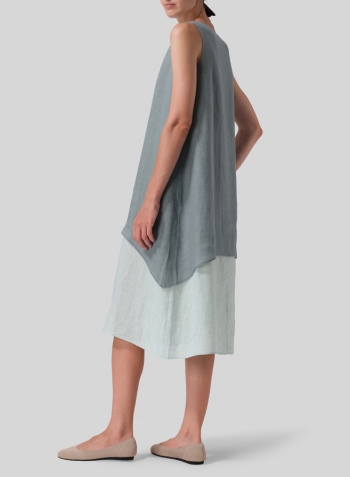 Green Gray Linen Double Layer Sleeveless Tunic Dress