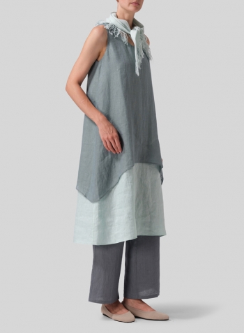 Green Gray Linen Double Layer Sleeveless Tunic Dress Set