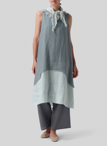 Green Gray Linen Double Layer Sleeveless Tunic Dress Set