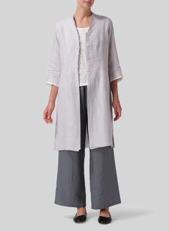 Warm Gray White Linen Double Layers Long Top