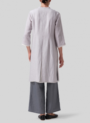 Warm Gray White Linen Double Layers Long Top