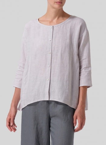 Warm Gray Linen Flare Blouse With Scarf