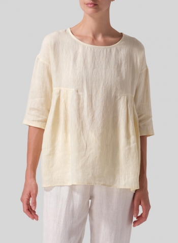 Lemon Chiffon Linen Dropped Shoulder Pleated Box Top