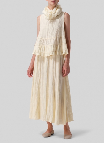 Lemon Chiffon Linen Sleeveless Pleated Blouse Set