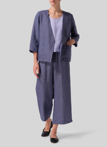 Blue Violet Linen Classic Single-Button Jacket Set