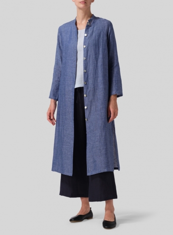 Azure Blue Linen Long Slim Shirt Dress Set