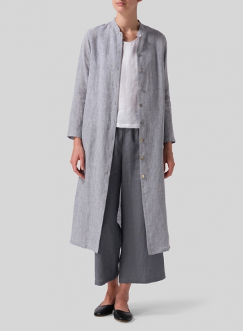 Two Tone Gray Linen Long Slim Shirt Dress Set