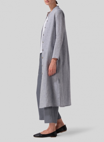 Two Tone Gray Linen Long Slim Shirt Dress Set