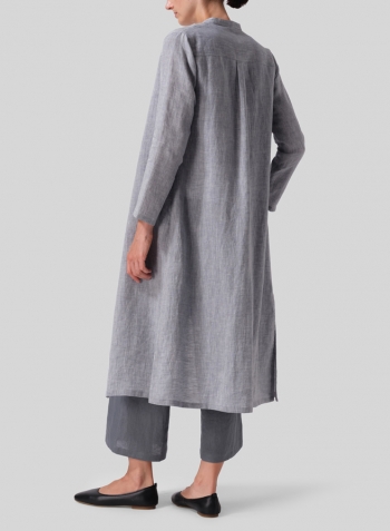 Two Tone Gray Linen Long Slim Shirt Dress Set