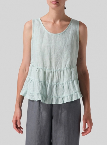 Soft Light Green Linen Sleeveless Pleated Blouse