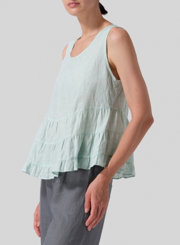 Soft Light Green Linen Sleeveless Pleated Blouse