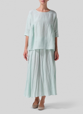 Soft Light Green Linen Dropped Shoulder Pleated Box Top Set