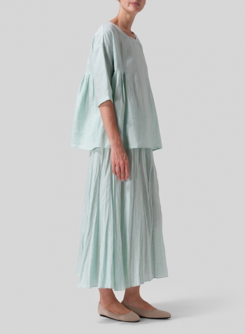 Soft Light Green Linen Dropped Shoulder Pleated Box Top Set