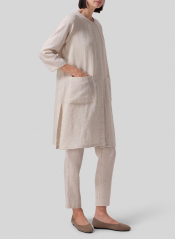 Oat Linen Single-Button Long Blouse Set