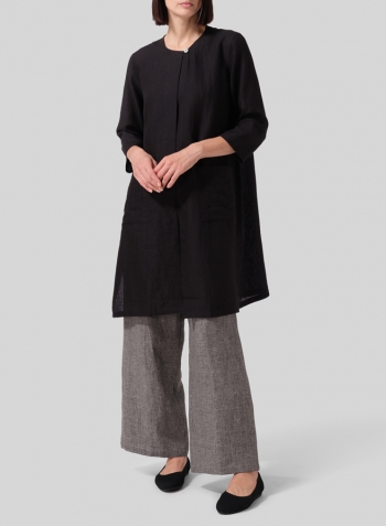 Black Linen Single-Button Long Blouse