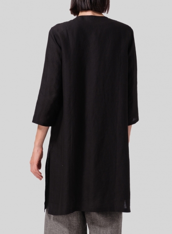 Black Linen Single-Button Long Blouse