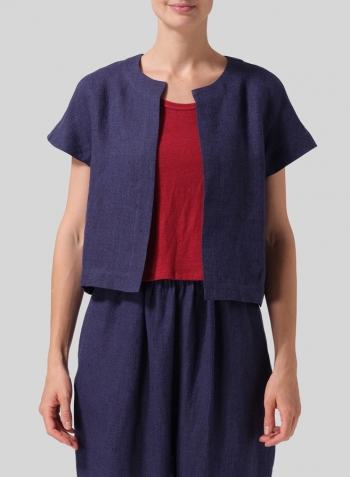 Dark Blue Weave Heavy Linen Open Front Cropped Jacket