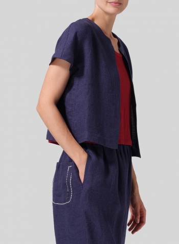 Dark Blue Weave Heavy Linen Open Front Cropped Jacket