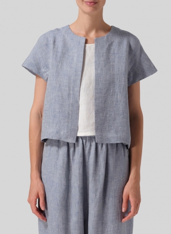 Blue White Weave Heavy Linen Open Front Cropped Jacket