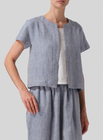 Blue White Weave Heavy Linen Open Front Cropped Jacket