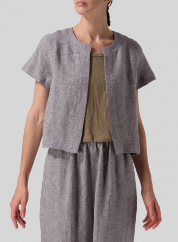 Khaki Gray Weave Heavy Linen Open Front Cropped Jacket