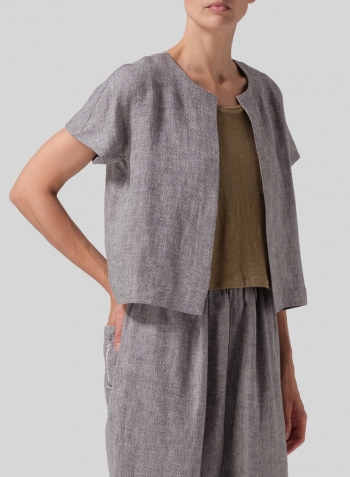 Khaki Gray Weave Heavy Linen Open Front Cropped Jacket