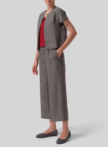 Two Tone Charcoal Heavy Linen Open Front Cropped Jacket