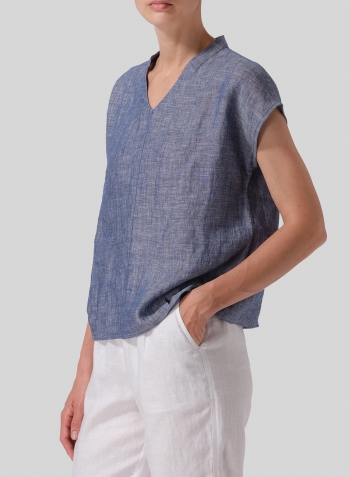 Two Tone Denim Linen Perfect Cap Sleeve Top