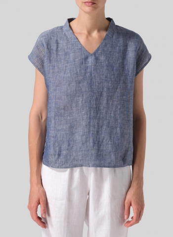 Two Tone Denim Linen Perfect Cap Sleeve Top