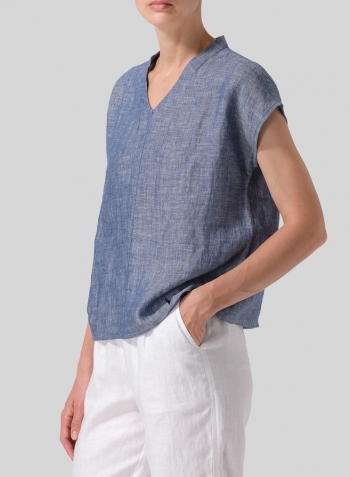 Two Tone Denim Linen Perfect Cap Sleeve Top