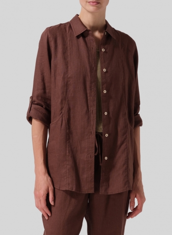 Brown Linen Long Sleeve Uneven Hem Shirt