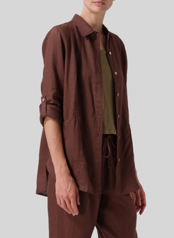Brown Linen Long Sleeve Uneven Hem Shirt