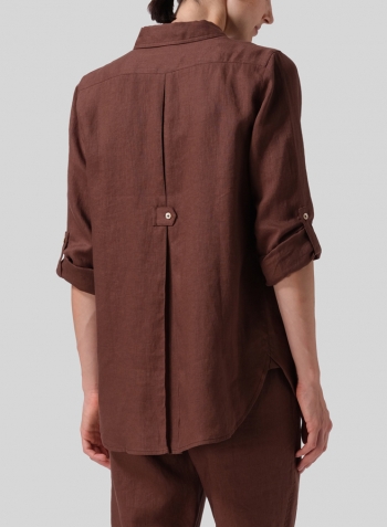 Brown Linen Long Sleeve Uneven Hem Shirt