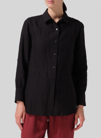 Black Linen Long Sleeve Uneven Hem Shirt