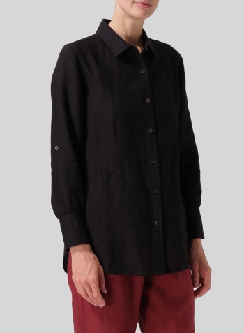Black Linen Long Sleeve Uneven Hem Shirt