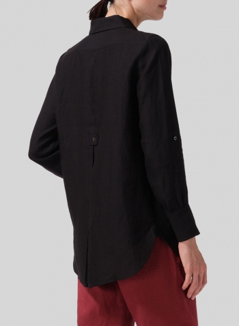 Black Linen Long Sleeve Uneven Hem Shirt