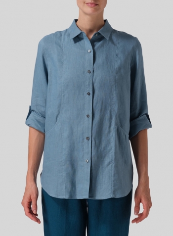 Pale Blue Linen Long Sleeve Uneven Hem Shirt