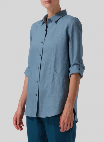 Pale Blue Linen Long Sleeve Uneven Hem Shirt