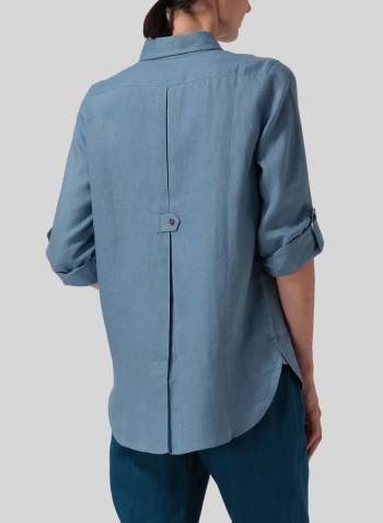 Pale Blue Linen Long Sleeve Uneven Hem Shirt