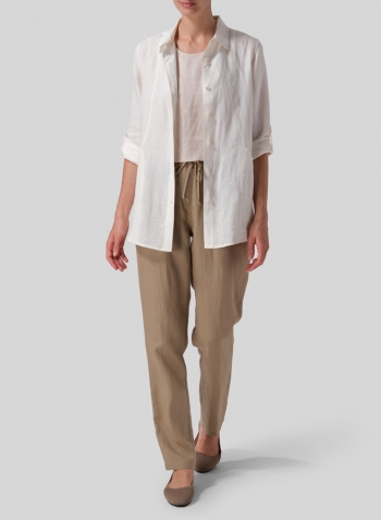 Off White Linen Long Sleeve Uneven Hem Shirt