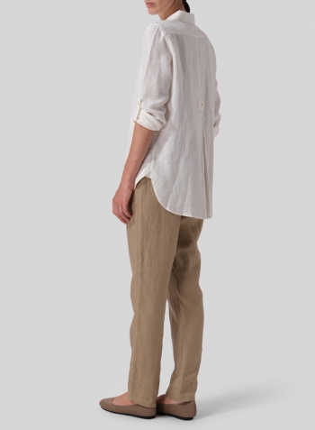 Off White Linen Long Sleeve Uneven Hem Shirt