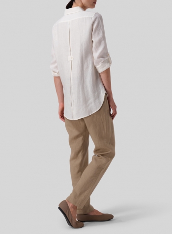 Off White Linen Long Sleeve Uneven Hem Shirt
