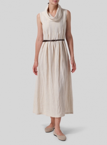 White Sand Linen Sleeveless Cowl Neck Long Dress