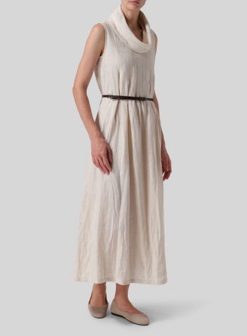 White Sand Linen Sleeveless Cowl Neck Long Dress