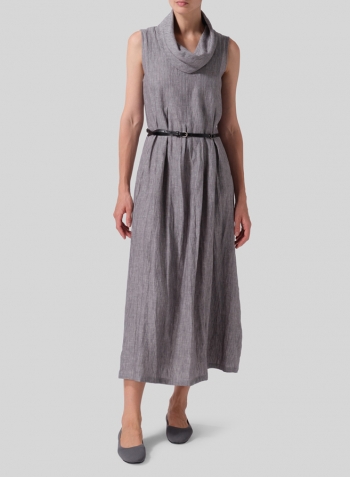 Two Tone Gray Linen Sleeveless Cowl Neck Long Dress