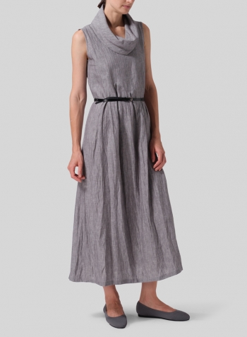 Two Tone Gray Linen Sleeveless Cowl Neck Long Dress