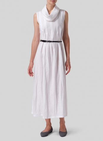 White Linen Sleeveless Cowl Neck Long Dress