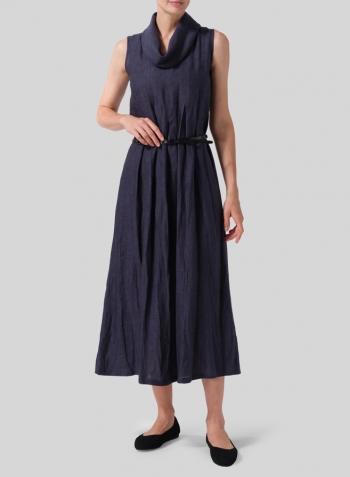 Dark Denim Linen Sleeveless Cowl Neck Long Dress