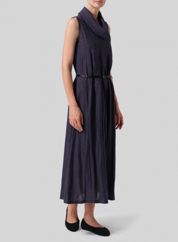 Dark Denim Linen Sleeveless Cowl Neck Long Dress